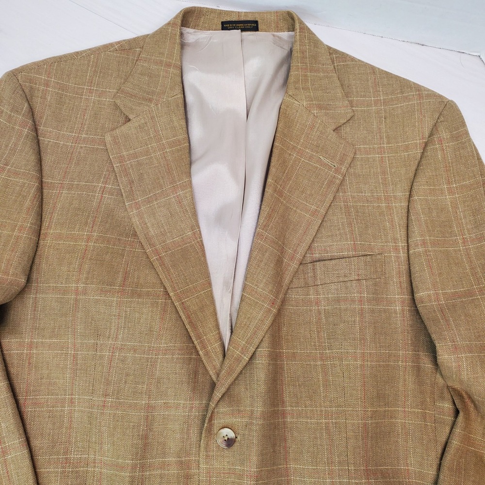 Geoffrey Beene Men 44R Tan Linen Blend Glen Plaid Two Button Blazer Quiet Luxury